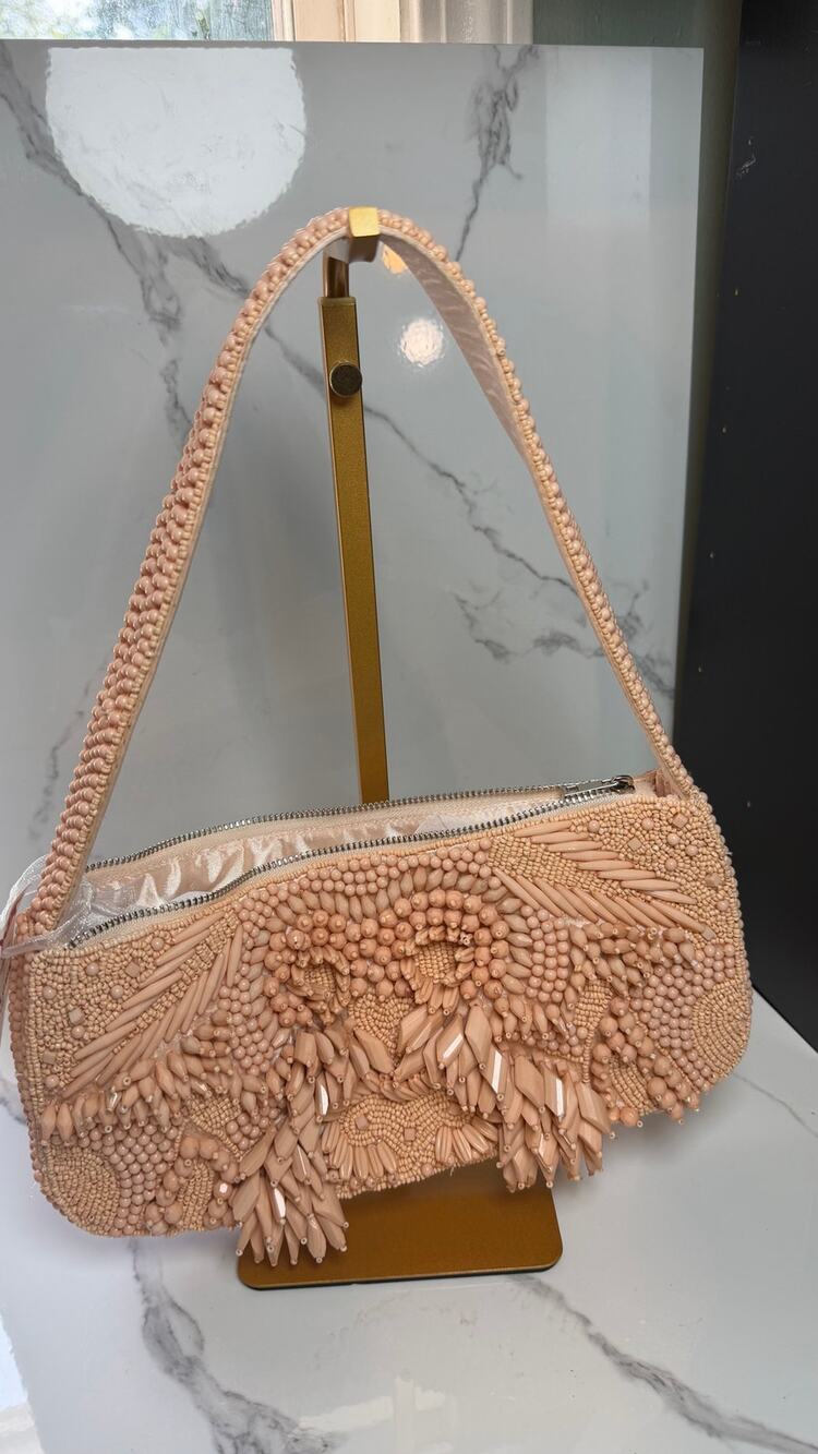 VIRAL Beaded 3D Fringe Baguette Shoulder Bag Blush Pink Handcrafted India NWT